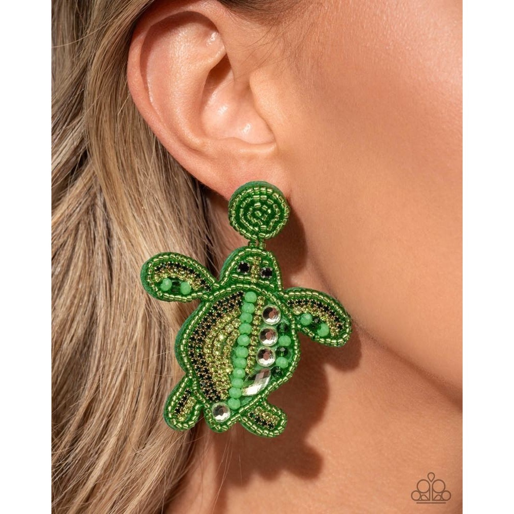Paparazzi Jewelry Turtle Tapestry Earrings Green Pierced Sea-life New